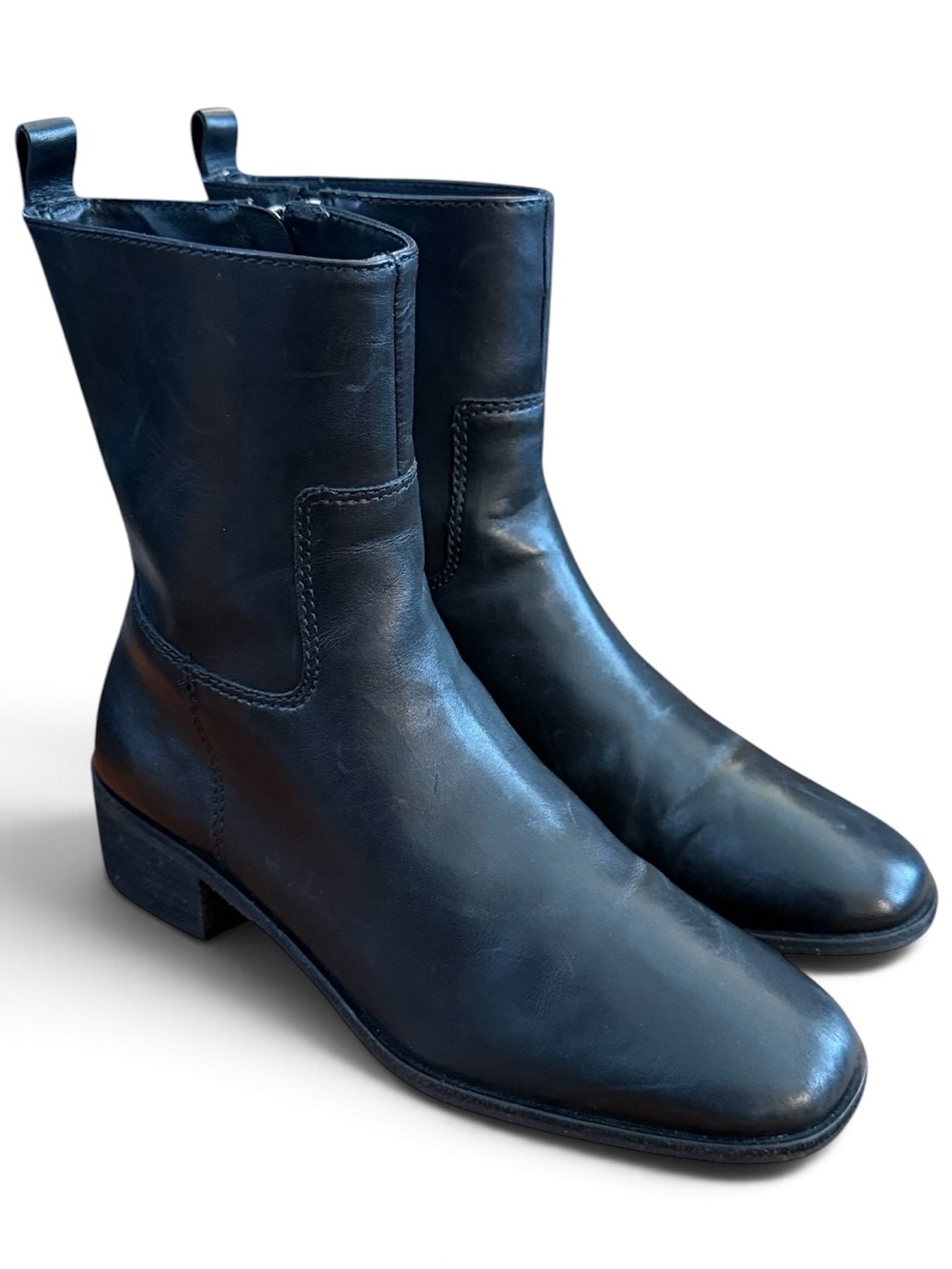 Botkier Ramona Black Leather Ankle Boots 7.5 Side Zip Block Heel Made in Brazil